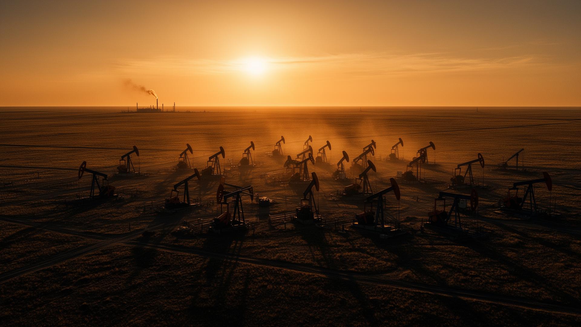 Pump jacks silhouetted against a golden sunset on the Mangystau steppe